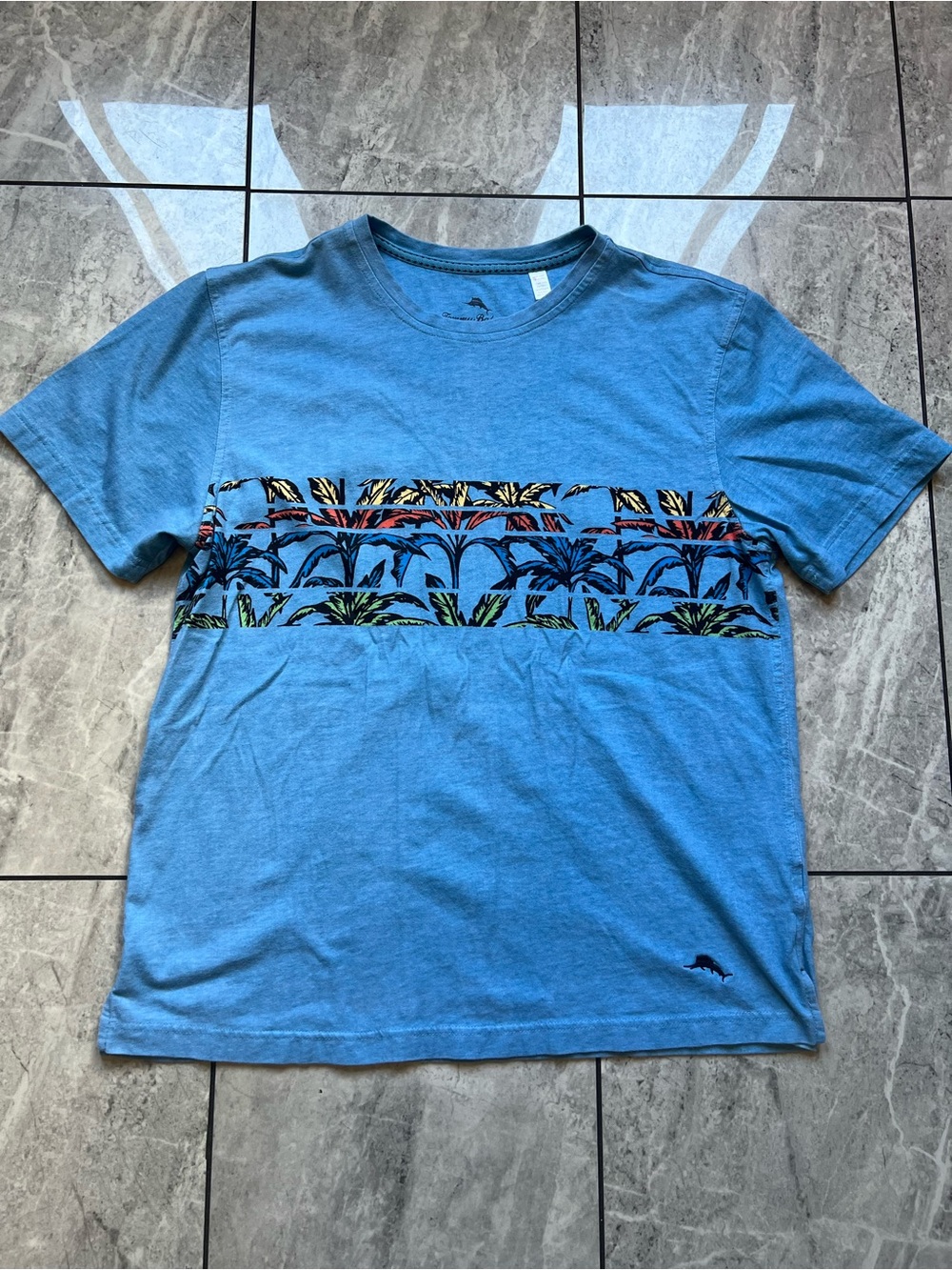 Tommy Bahama Mens T-Shirt Medium Blue Tropical Palm Tree Graphic Marlin Logo Tee